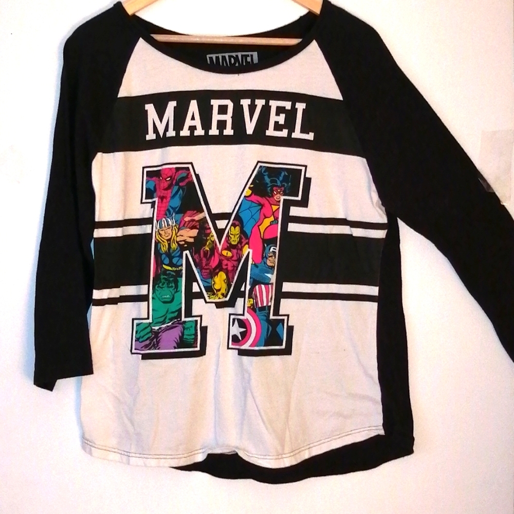Marvel Black & White Long-Sleeve Raglan with Colorful Character 'M'